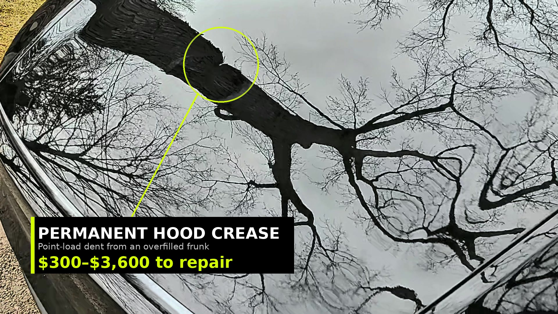 A permanent crease in a Tesla Model Y aluminum frunk hood, revealed as a distortion in the hood's reflection. Repairing it costs $300 to $3,600.
